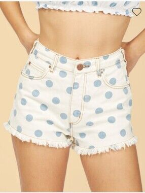 Wrangler X Billabong Showdown Blue Polka Dot White Jean Shorts High Rise Cut-Off